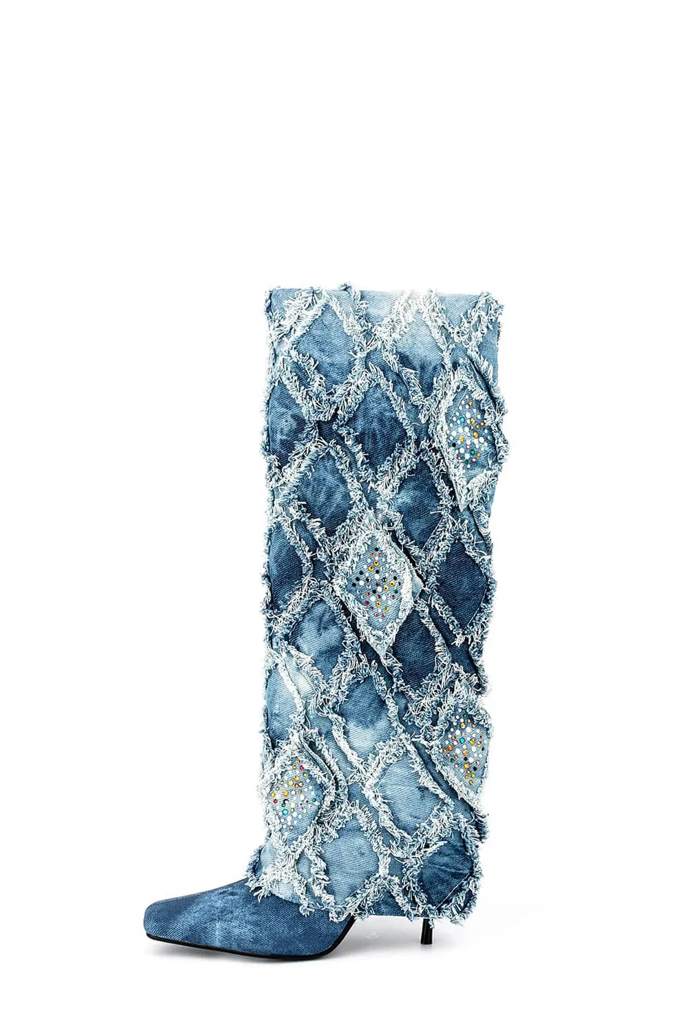 Denim Patchwork Folded Crystal Square Toe Knee High Stiletto Long Boots sold by Floralkini