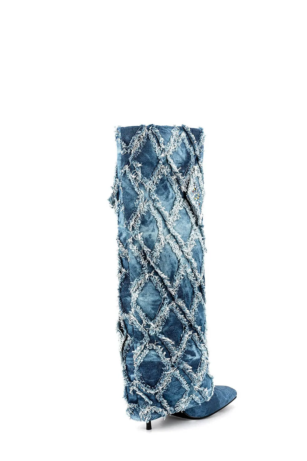 Denim Patchwork Folded Crystal Square Toe Knee High Stiletto Long Boots sold by Floralkini product image thumbnail 2