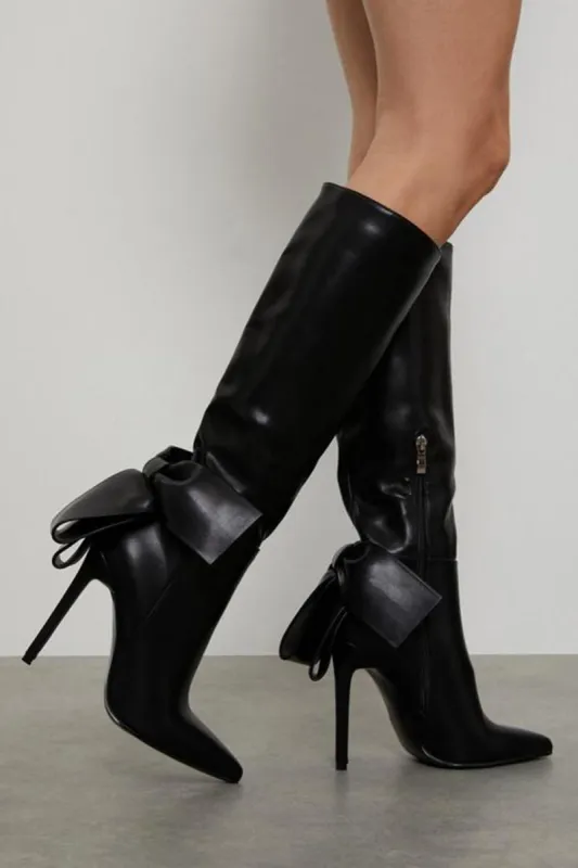Statement Bow Pointed Knee High Stiletto Heeled Boots sold by Floralkini