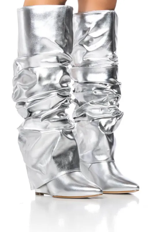 Scrunched Foldover Mid Calf Wedge Heel Boots - Silver sold by Floralkini