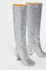 Silver Glitter Knee High Block Heeled Boots sold by Floralkini
