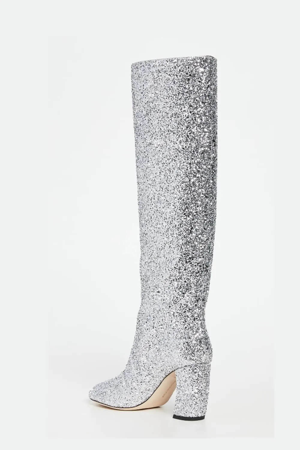 Silver Glitter Knee High Block Heeled Boots sold by Floralkini product image thumbnail 4
