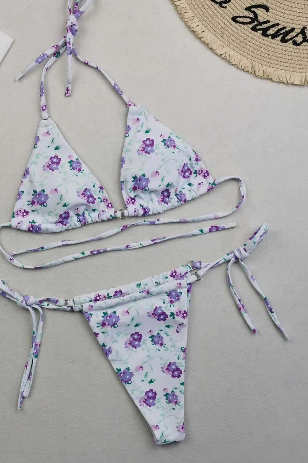 Halter Triangle Tie Side Bikini Set With Ring Detailing - Purple Flowers sold by Floralkini product image thumbnail 5