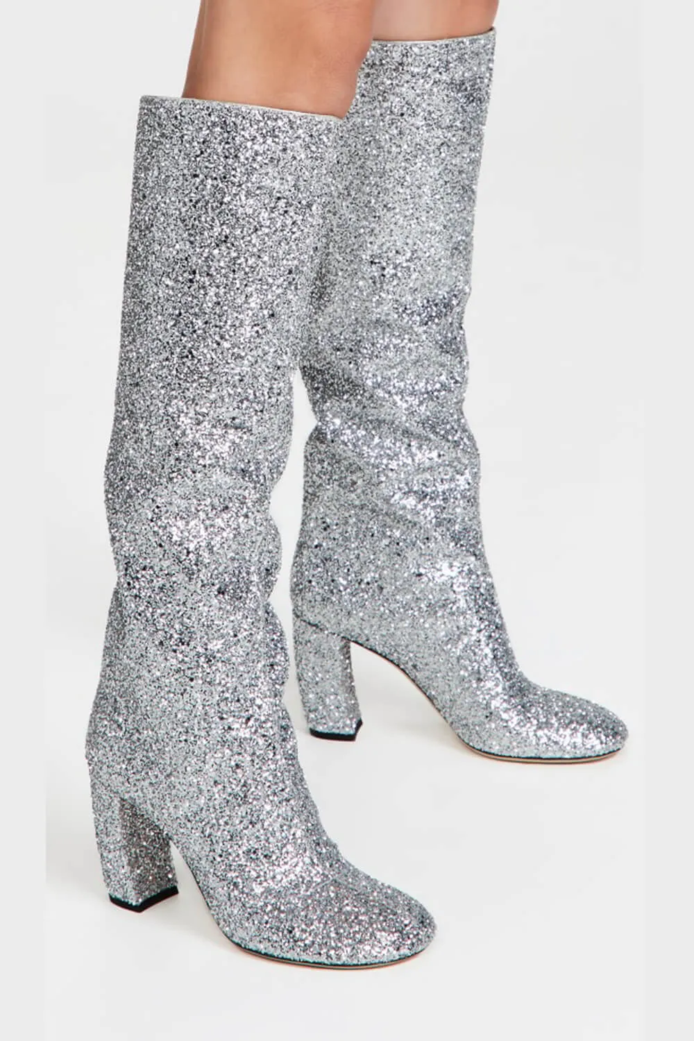 Silver Glitter Knee High Block Heeled Boots sold by Floralkini