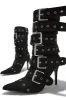 Multi Buckle Pointed Toe Above The Ankle High Heel Boots - Black sold by Floralkini