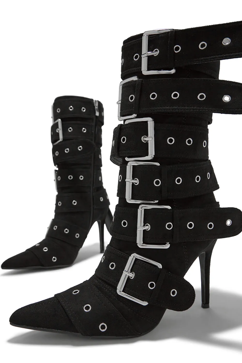 Multi Buckle Pointed Toe Above The Ankle High Heel Boots - Black sold by Floralkini product image thumbnail 5
