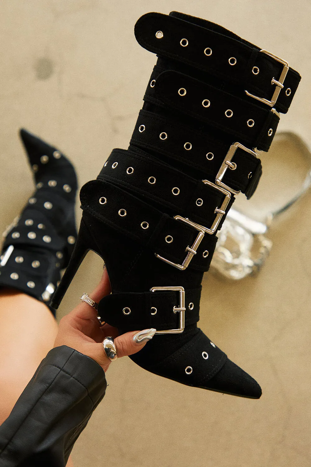Multi Buckle Pointed Toe Above The Ankle High Heel Boots - Black sold by Floralkini product image thumbnail 2