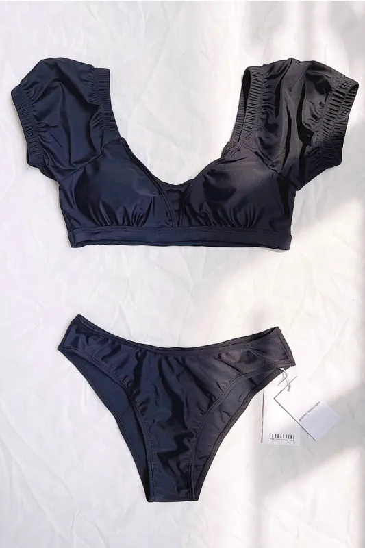 Black Puff Short Sleeves Bikini Top made by Floralkini