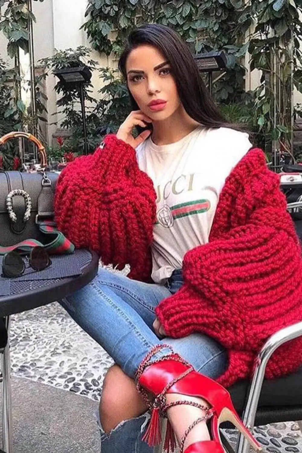 Balloon Sleeve Open Front Chunky Knit Cardigan sold by Floralkini product image thumbnail 5