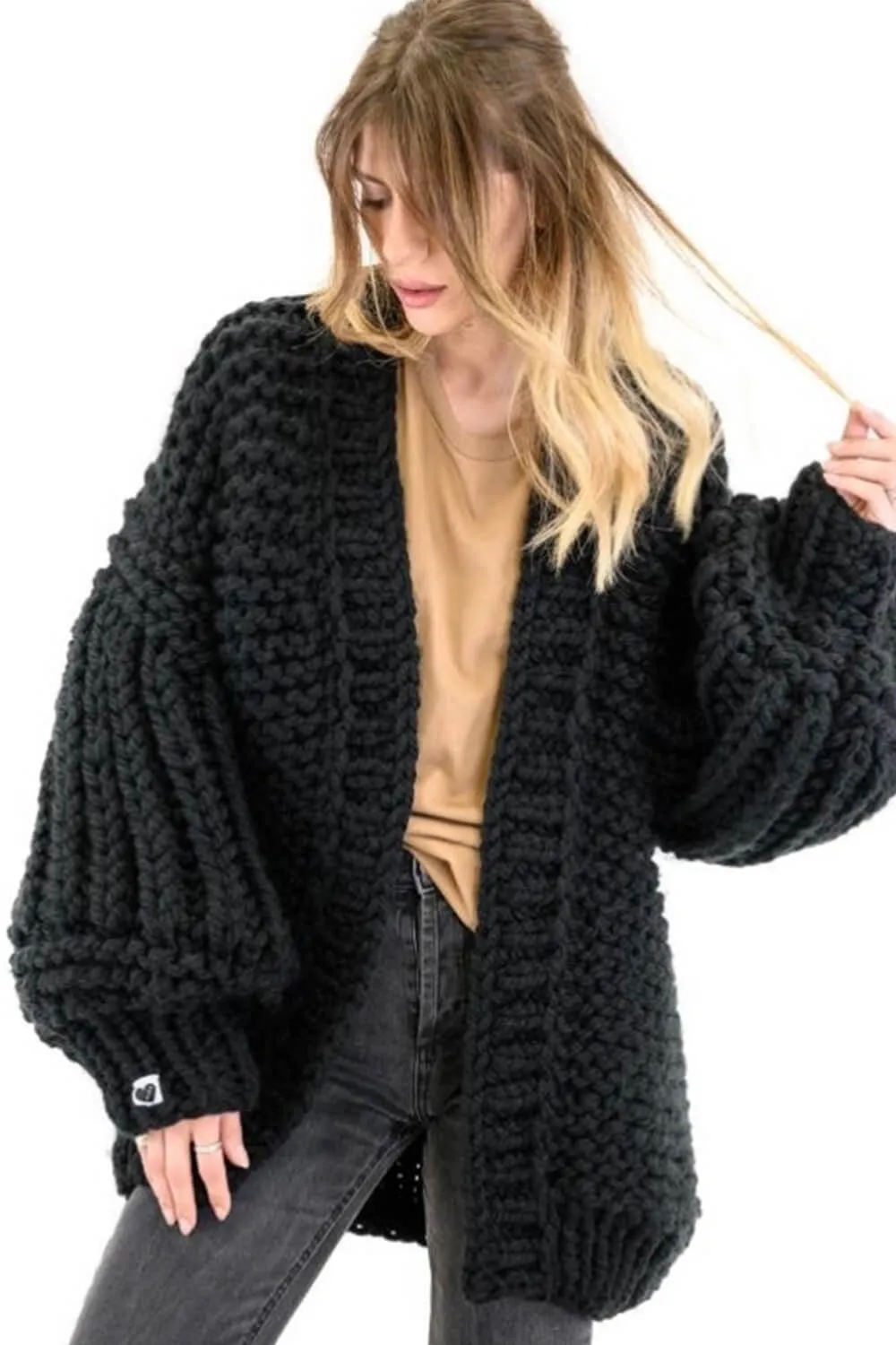 Balloon Sleeve Open Front Chunky Knit Cardigan sold by Floralkini