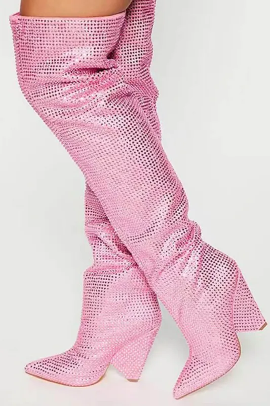 Diamante Crystal-Embellished Point Toe Over The Knee Block Heeled Boots - Pink sold by Floralkini