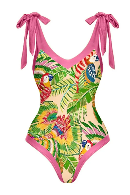 Macaw Leaves Print Plunge Tie-Shoulder One Piece Swimsuit made by Floralkini