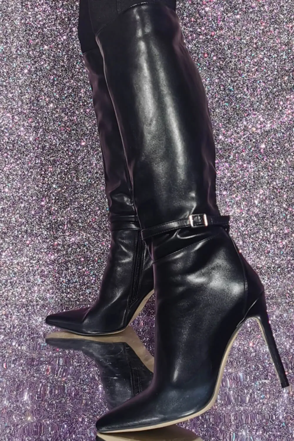 Buckle Detail Pointed Knee High Stiletto Heeled Boots sold by Floralkini