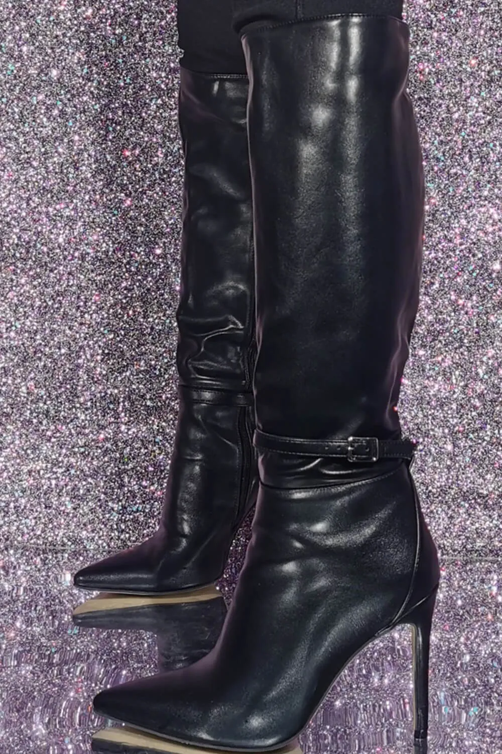 Buckle Detail Pointed Knee High Stiletto Heeled Boots sold by Floralkini product image thumbnail 5