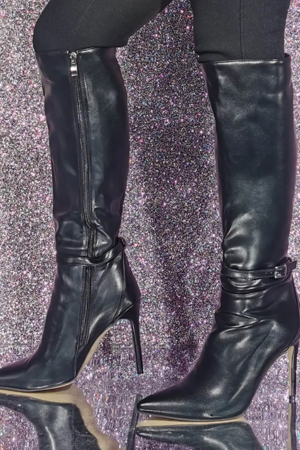 Buckle Detail Pointed Knee High Stiletto Heeled Boots sold by Floralkini product image thumbnail 2