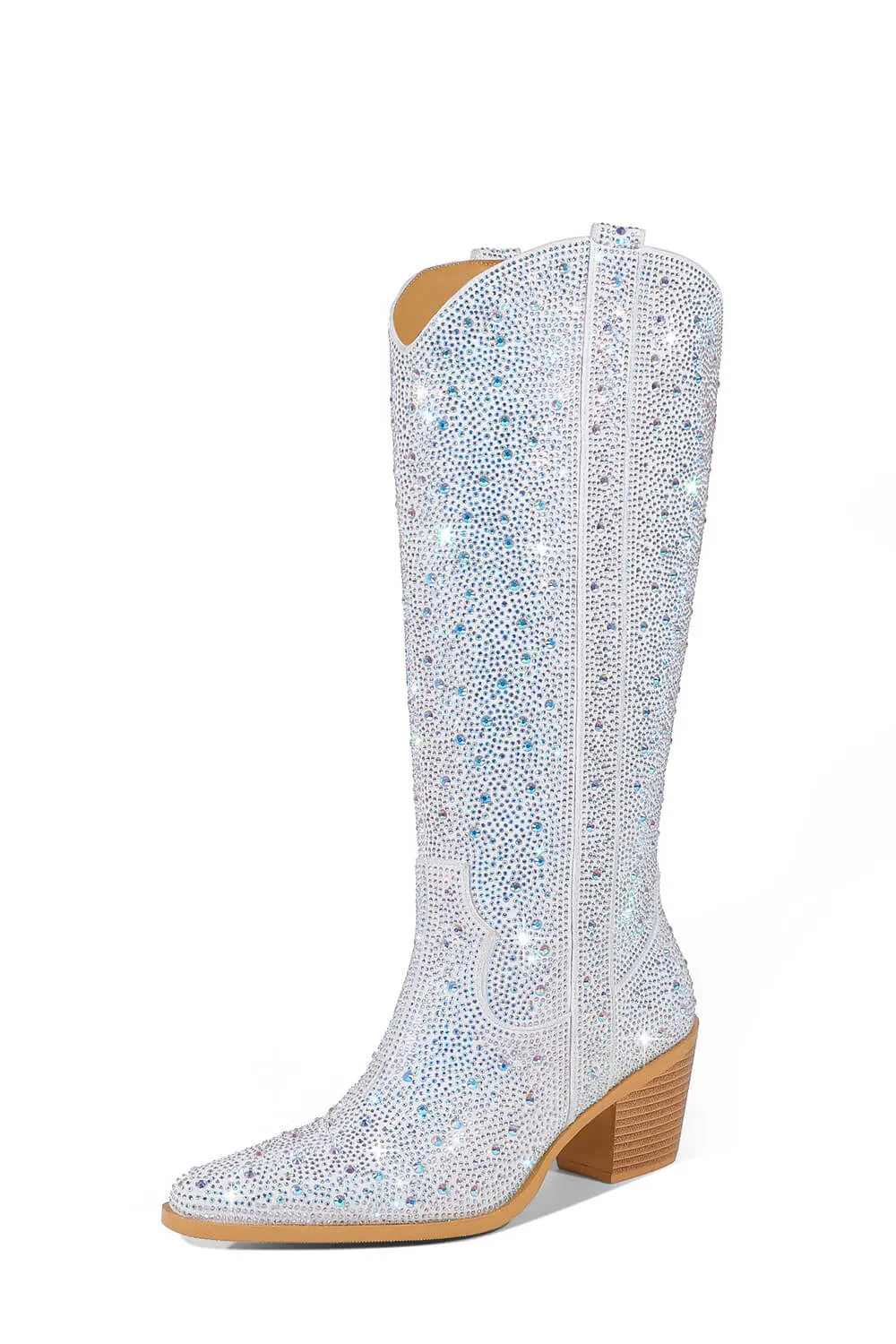 Rhinestones Embellished Western Cowboy Mid-Calf Pointed Toe Block Heeled Boots - White sold by Floralkini