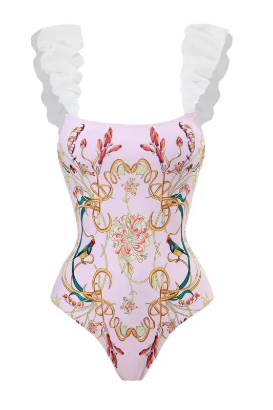 Floral & Birds Print Ruffled Shoulder One Piece Swimsuit sold by Floralkini