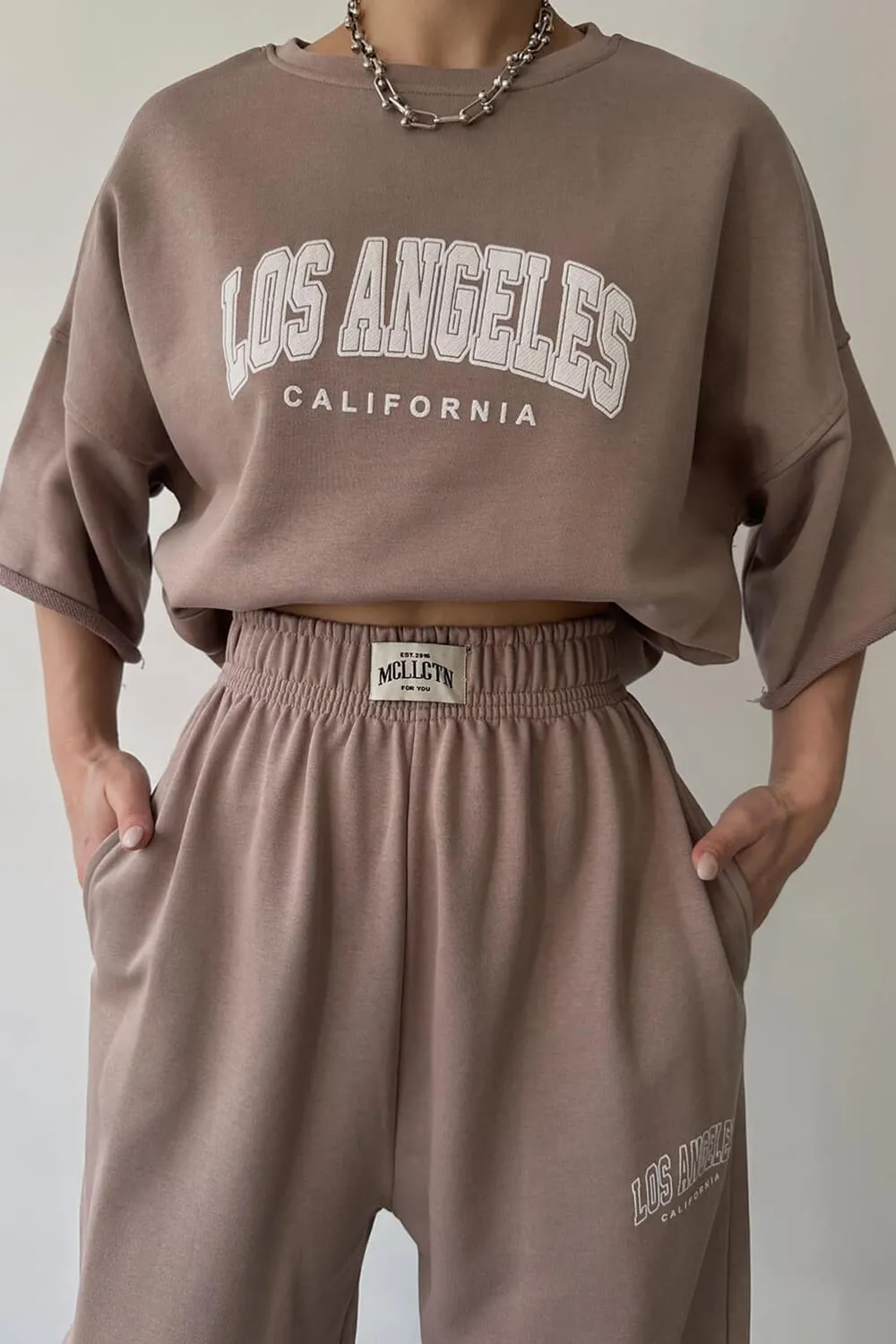 Los Angeles Round Neck Cropped Raw Hem T-Shirt Track Suit sold by Floralkini product image thumbnail 5