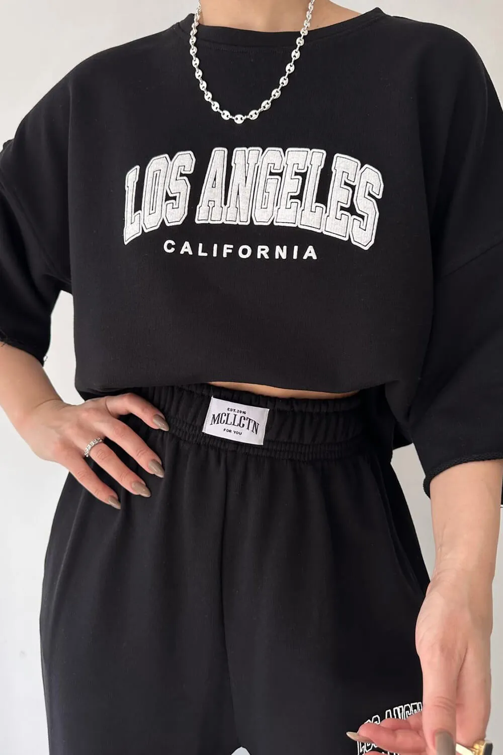 Los Angeles Round Neck Cropped Raw Hem T-Shirt Track Suit sold by Floralkini product image thumbnail 2