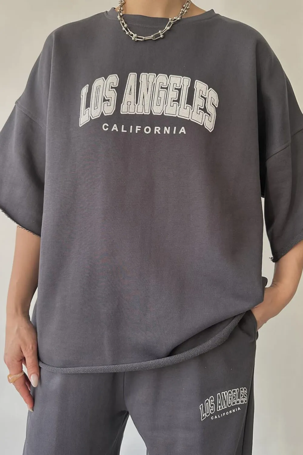 Los Angeles Round Neck Cropped Raw Hem T-Shirt Track Suit sold by Floralkini product image thumbnail 3