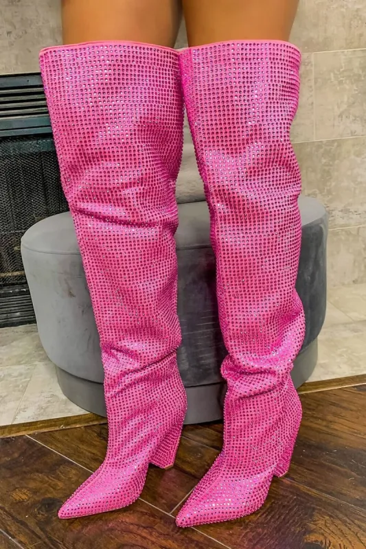 Diamante Crystal-Embellished Point Toe Over The Knee Block Heeled Boots - Hot Pink sold by Floralkini