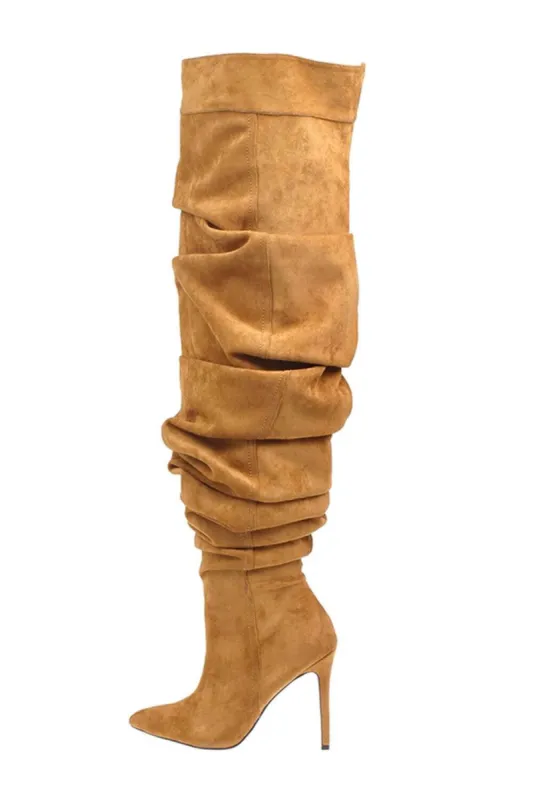 Denim Ruched Over-The-Knee Pointed Toe Stiletto Boots - Yellow sold by Floralkini