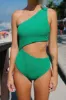 Green Jacquard Side Cut Out Asymmetrical One Piece Swimsuit sold by Floralkini