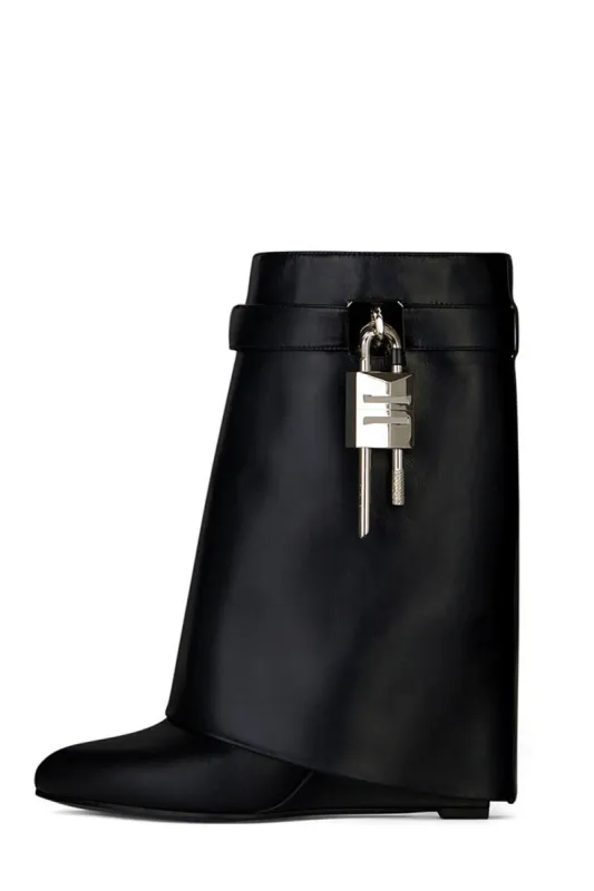 Faux Leather Padlock Detail Folded Wedge Heel Ankle Boots - Black sold by Floralkini