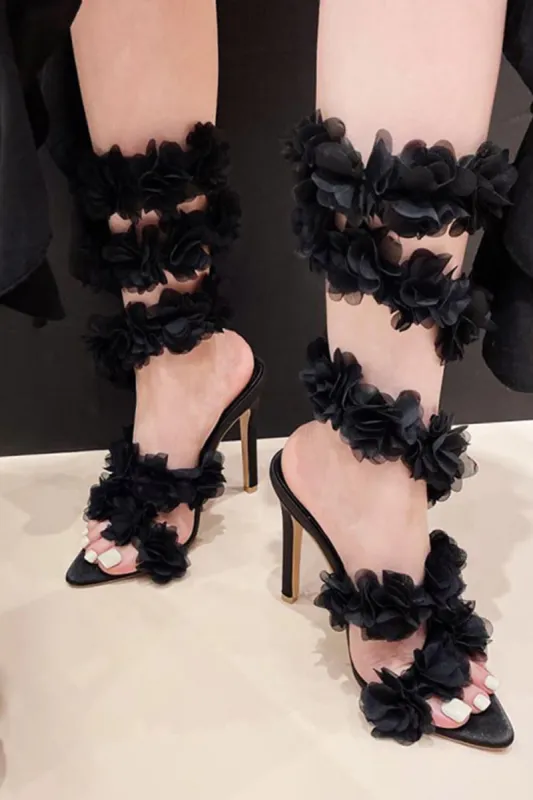 Faux Patent Leather Floral Open Almond Toe Stiletto Sandal - Black sold by Floralkini