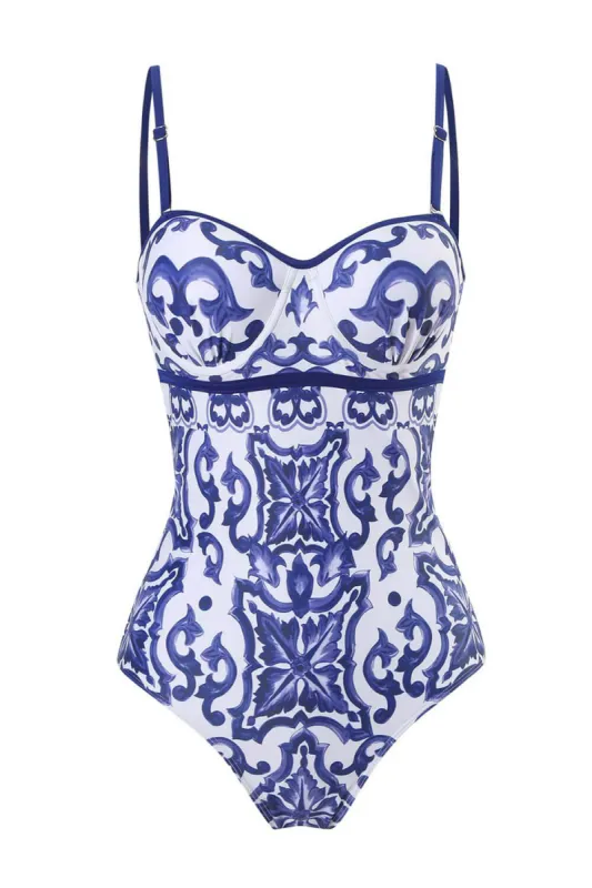 Majolica-Print Balconette One Piece Swimsuit sold by Floralkini