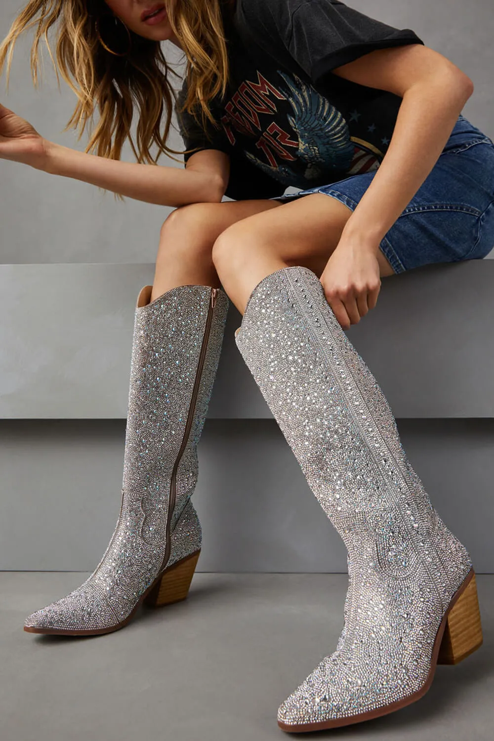 Rhinestone-Embellished Knee High Western Cowboy Pointed Toe Block Heeled Boots sold by Floralkini product image thumbnail 3