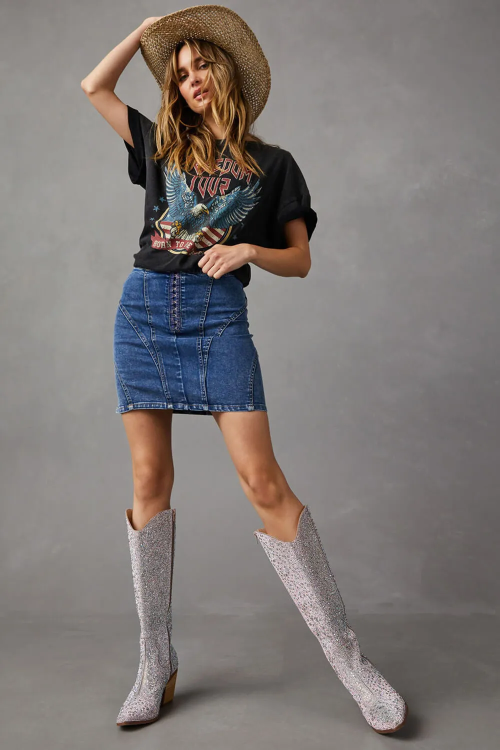 Rhinestone-Embellished Knee High Western Cowboy Pointed Toe Block Heeled Boots sold by Floralkini product image thumbnail 4