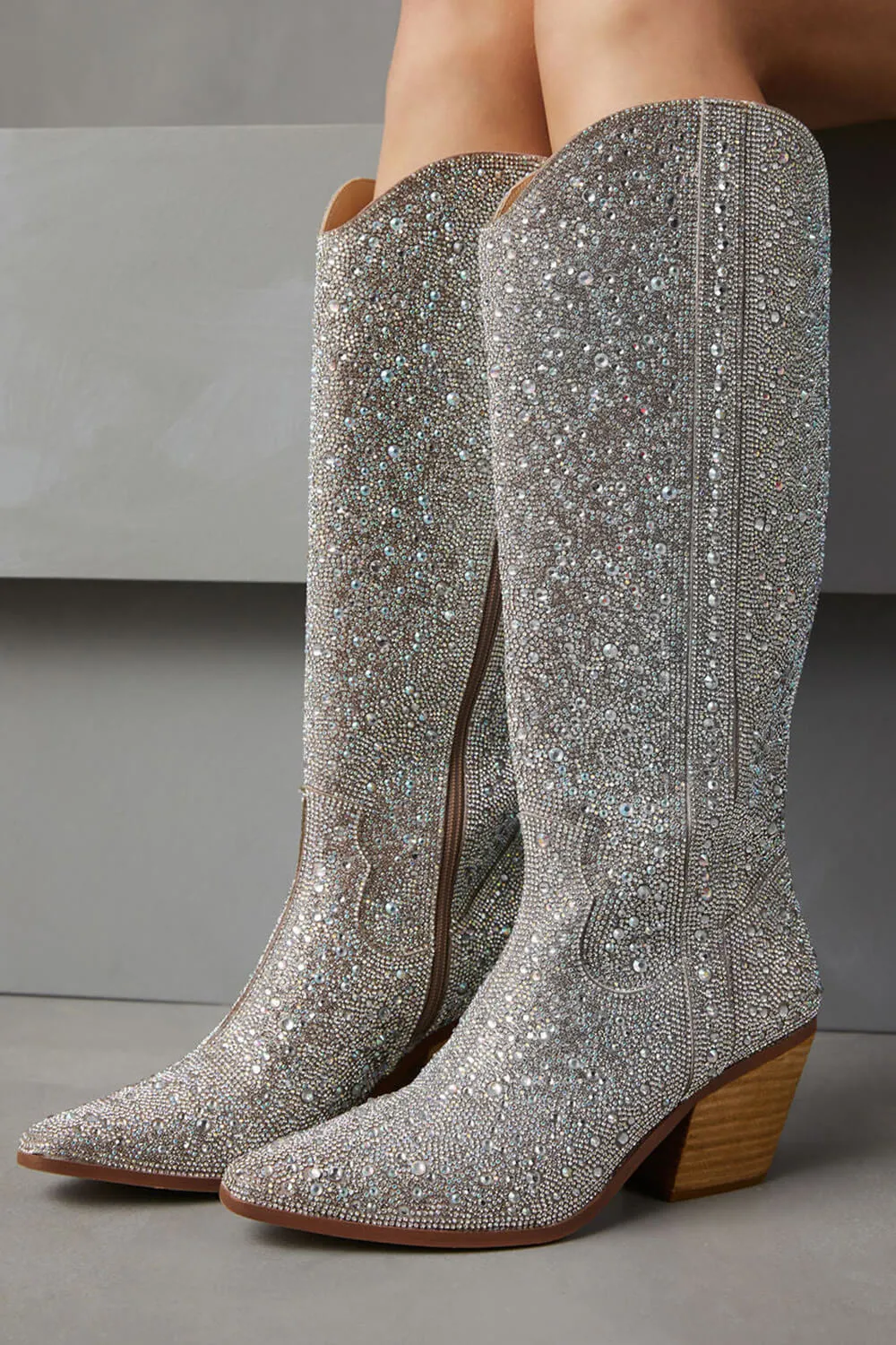 Rhinestone-Embellished Knee High Western Cowboy Pointed Toe Block Heeled Boots sold by Floralkini