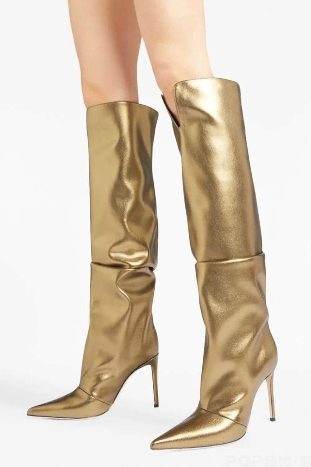 Faux Leather Pointed Toe Slouchy Knee High Stiletto Boots - Gold sold by Floralkini