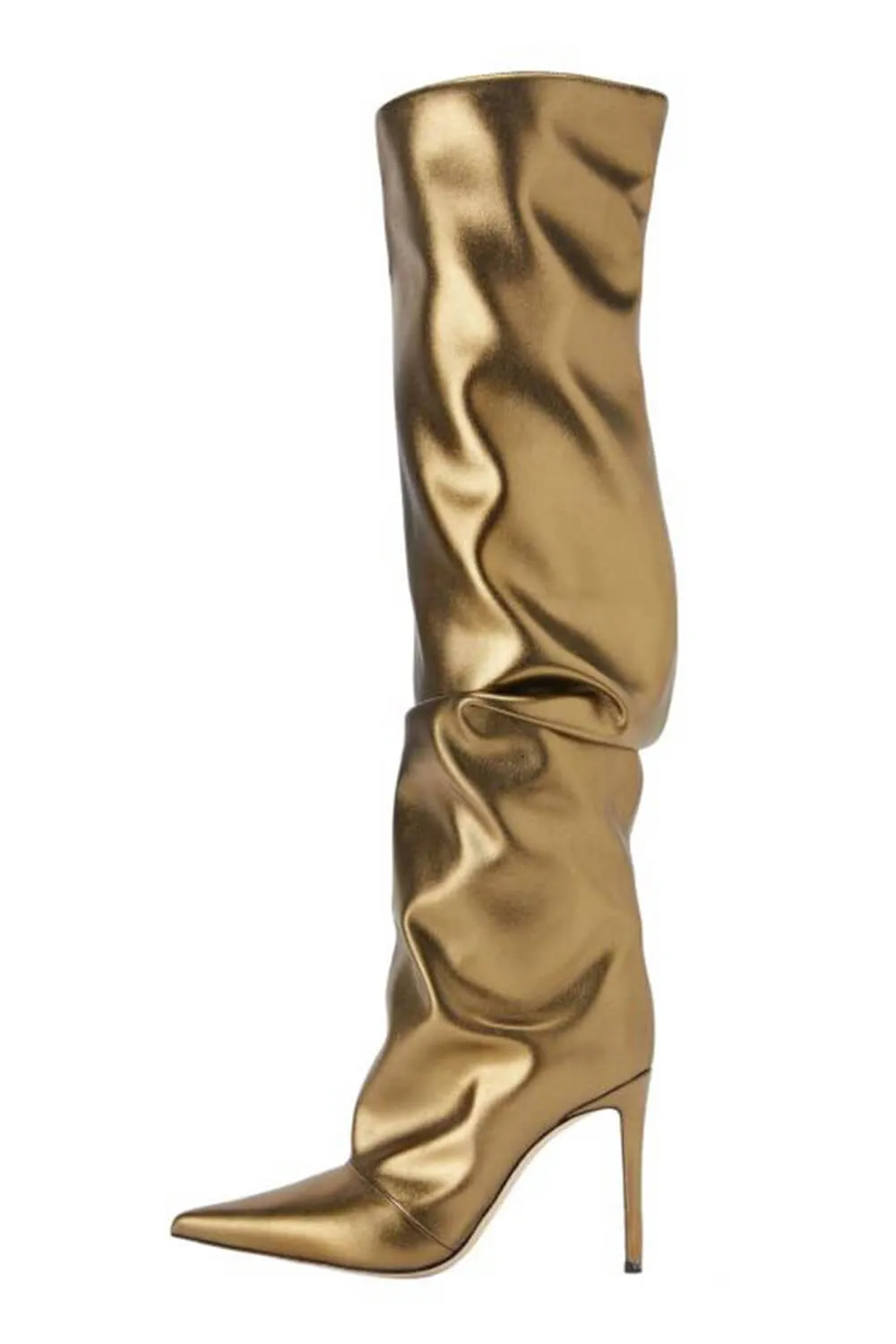 Faux Leather Pointed Toe Slouchy Knee High Stiletto Boots - Gold sold by Floralkini product image thumbnail 2