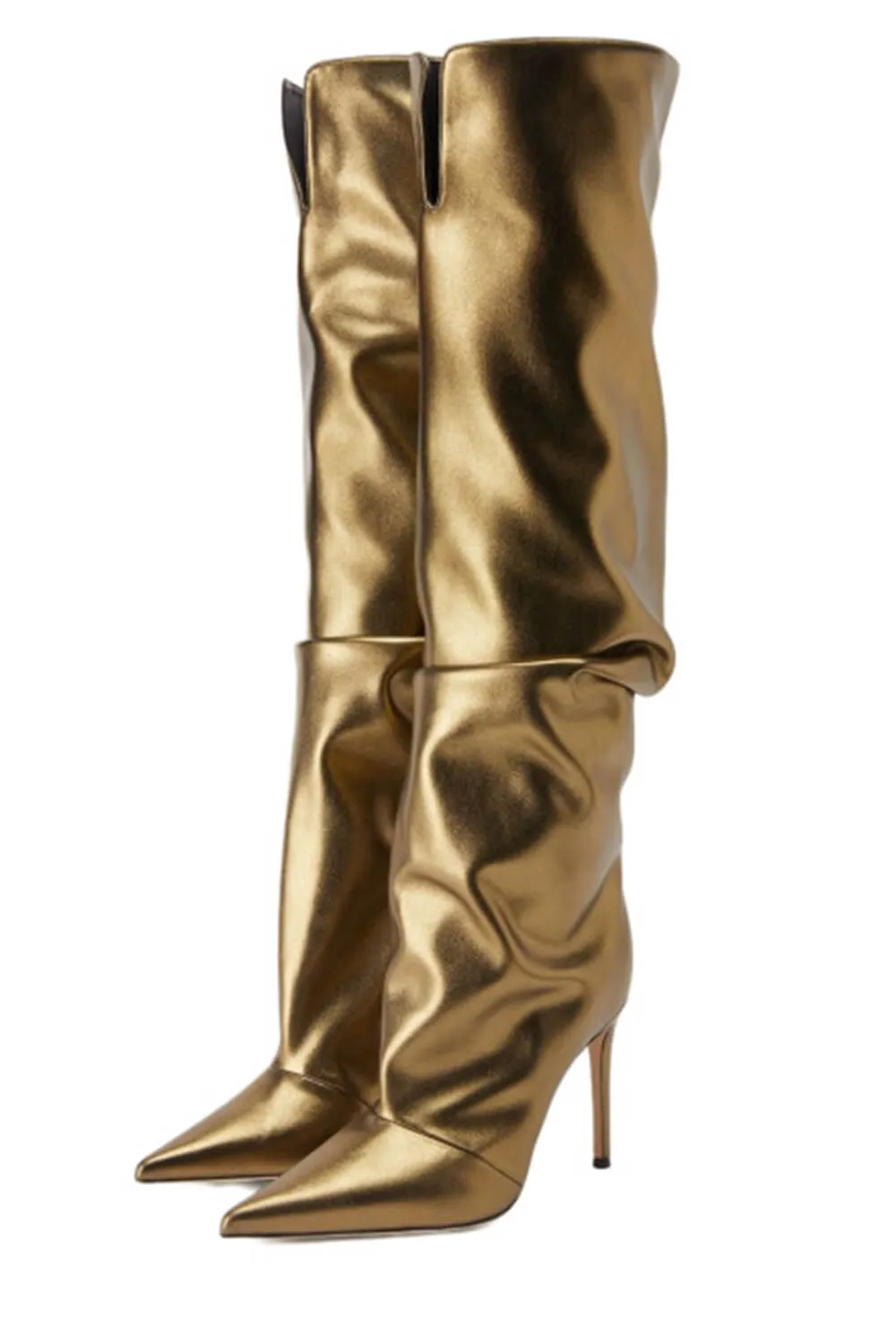 Faux Leather Pointed Toe Slouchy Knee High Stiletto Boots - Gold sold by Floralkini product image thumbnail 3
