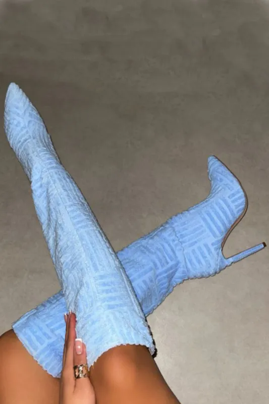 Towelling Knee High Point Toe Stiletto Boots - Light Blue sold by Floralkini