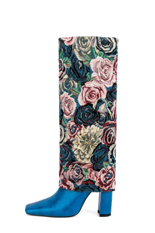 Blue Floral Folded Knee High Square Toe Block Heel Long Boots sold by Floralkini
