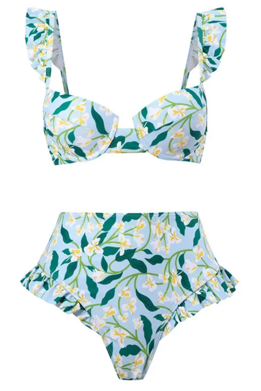 Ruffled Floral-Print Underwire High-Wasit Bikini Set sold by Floralkini