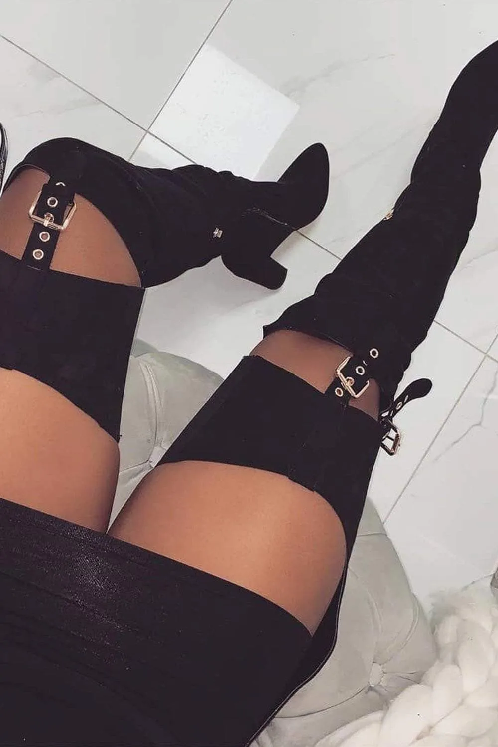 Black Suede Belted Thigh High Boots sold by Floralkini product image thumbnail 2