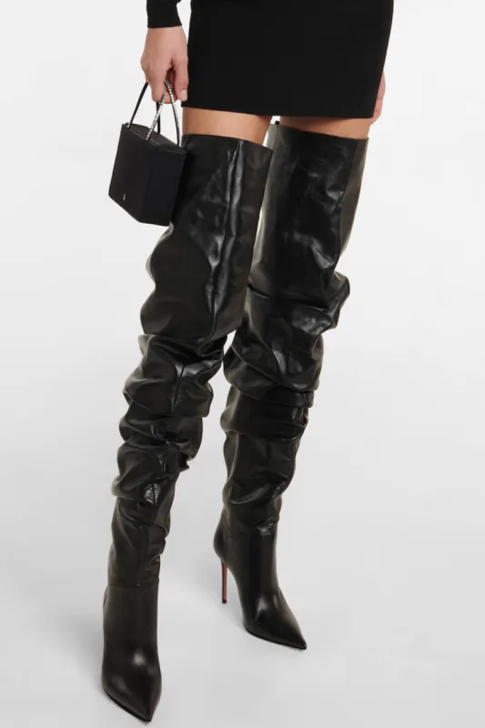 Black Ruched Pointed Toe Heeled Over-The-Knee Boots sold by Floralkini