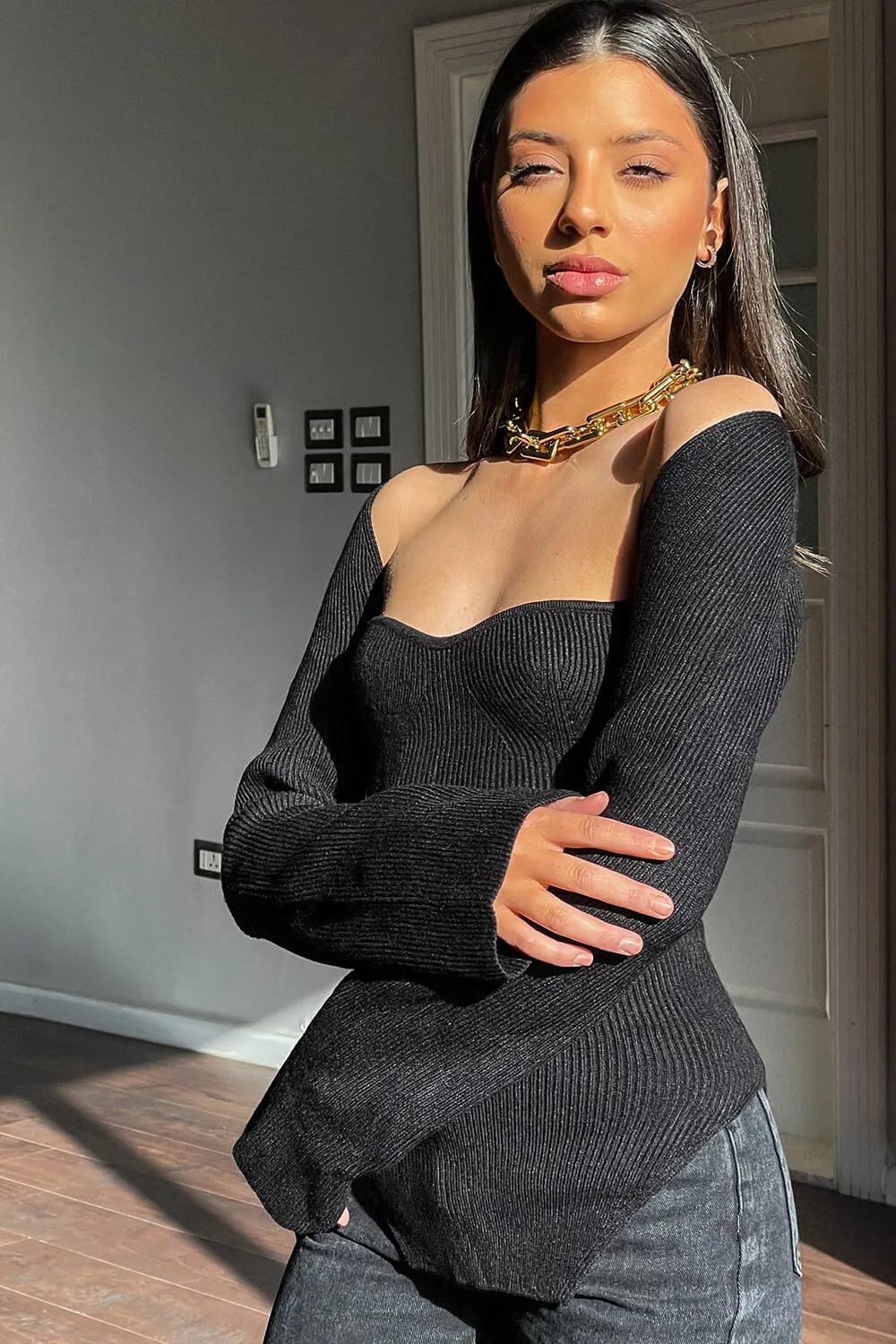 Ribbed Knit Asymmetric Hem Bustier Top sold by Floralkini product image thumbnail 2