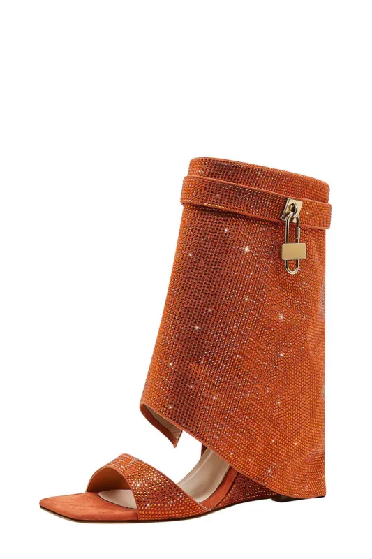 Gem Embellished Diamante Padlock Fold Over Wedge Heeled Sandals - Orange sold by Floralkini