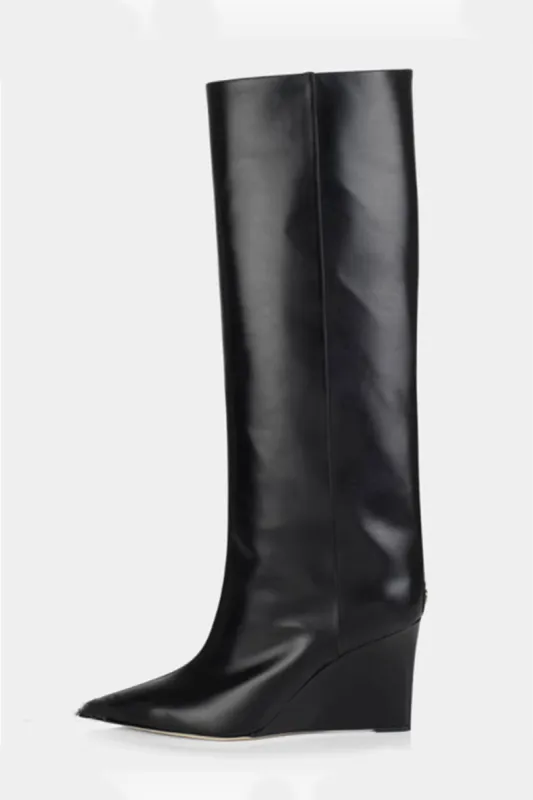Sharp Pointed Toe Knee High Wedge Boot - Black sold by Floralkini