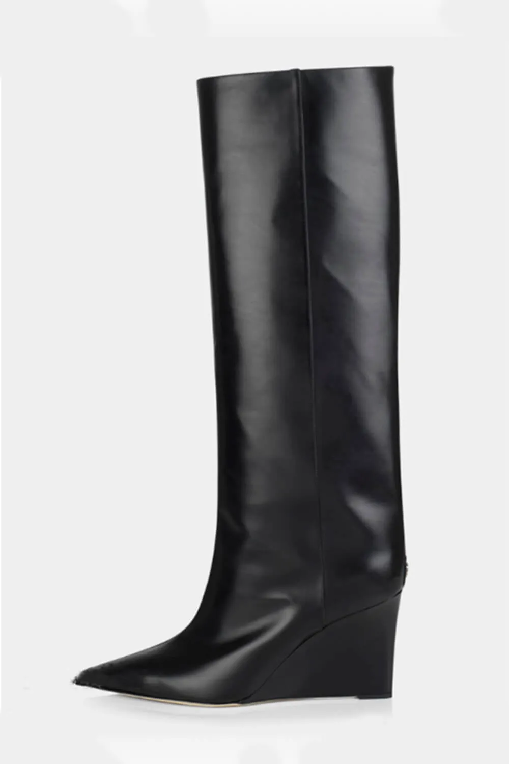 Sharp Pointed Toe Knee High Wedge Boot - Black sold by Floralkini