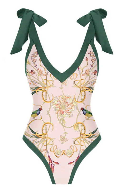 Birds Of Paradise Print Plunge Tie-Shoulder One Piece Swimsuit sold by Floralkini