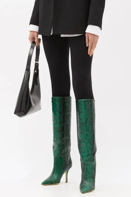 Green Python Print Pointed Toe Stiletto Heel Knee High Boots sold by Floralkini