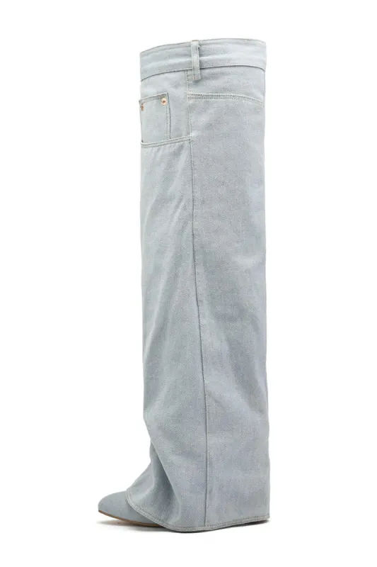 Denim Folded Pointed Toe Block Heel Over The Knee Pocket Boots - Light Blue sold by Floralkini
