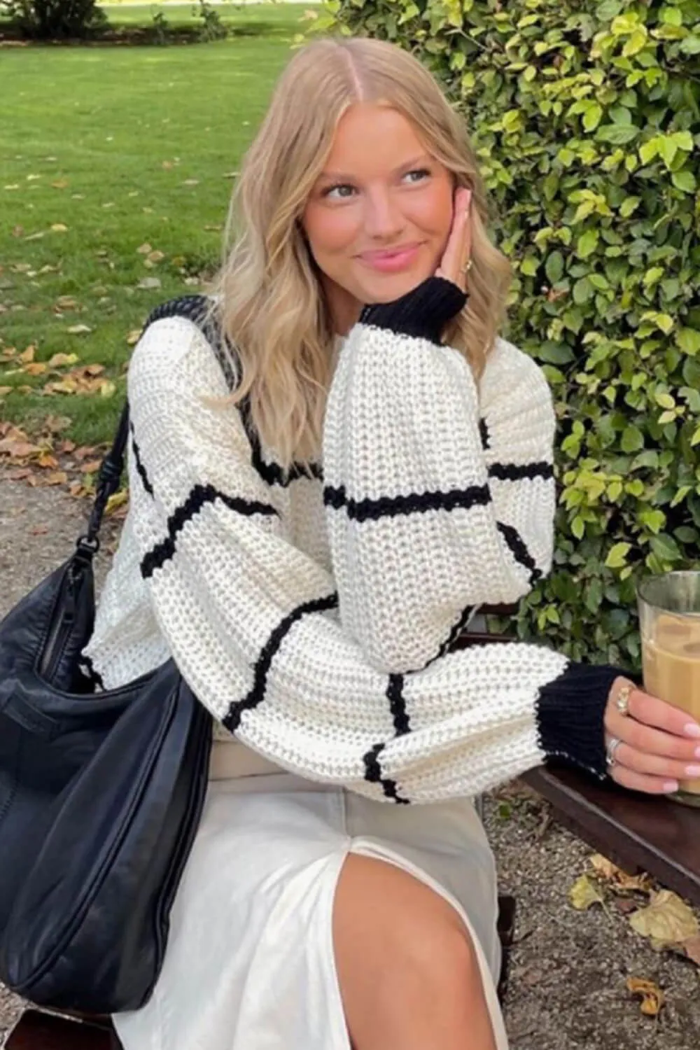 High Neck Stripe Knit Jumper Relaxed Sweater sold by Floralkini product image thumbnail 3