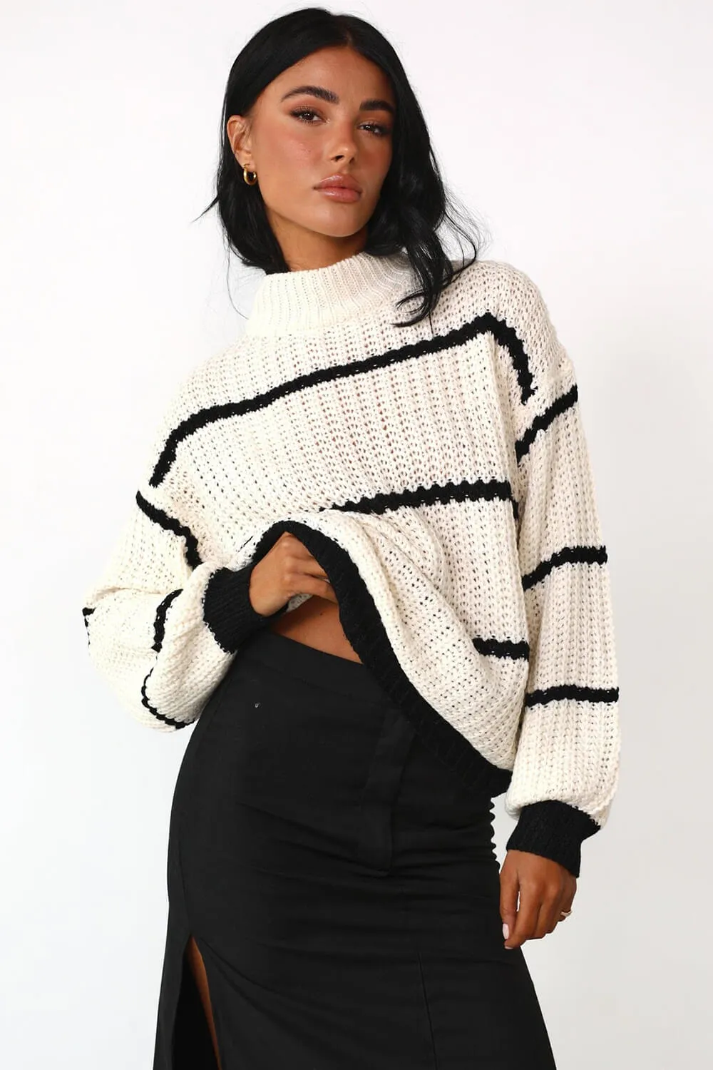 High Neck Stripe Knit Jumper Relaxed Sweater sold by Floralkini product image thumbnail 5